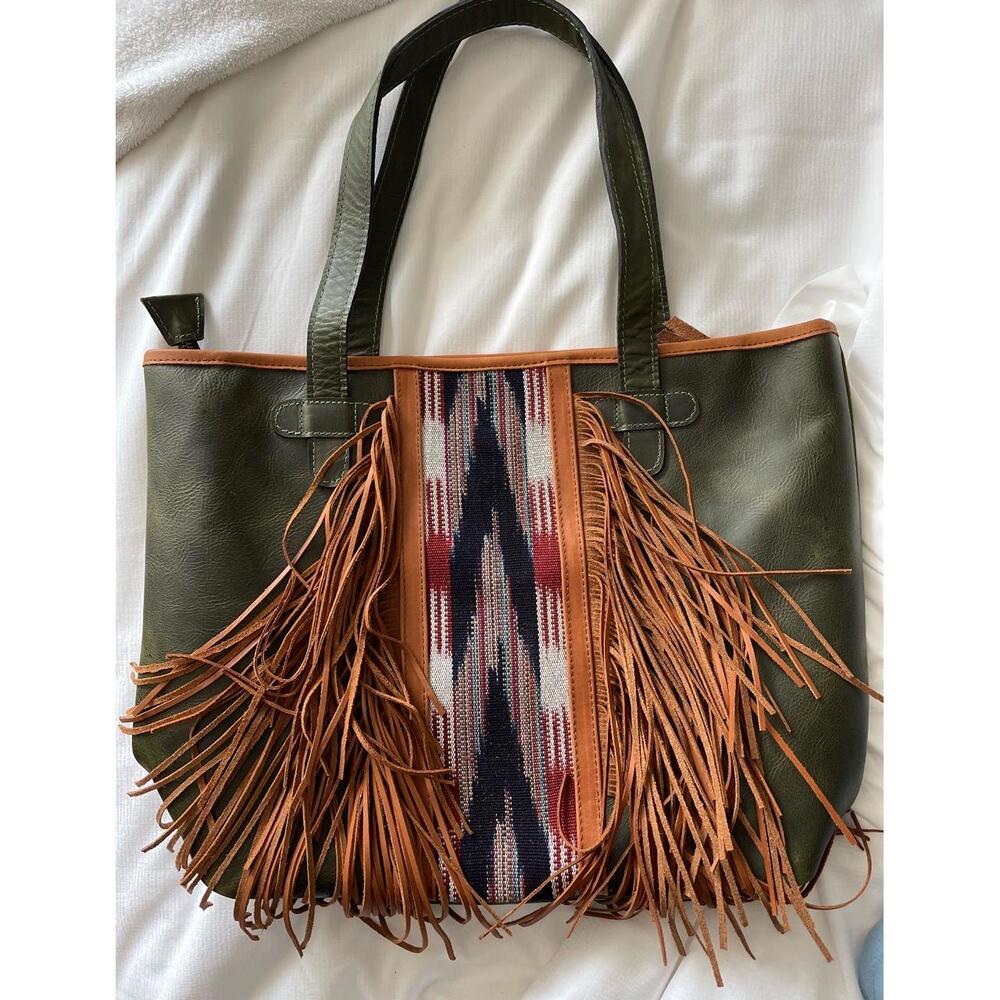 Guatemalan‎ Bohemian Leather Fringe Tote Bag Laptop Olive Tan Multi Ikat Woven
